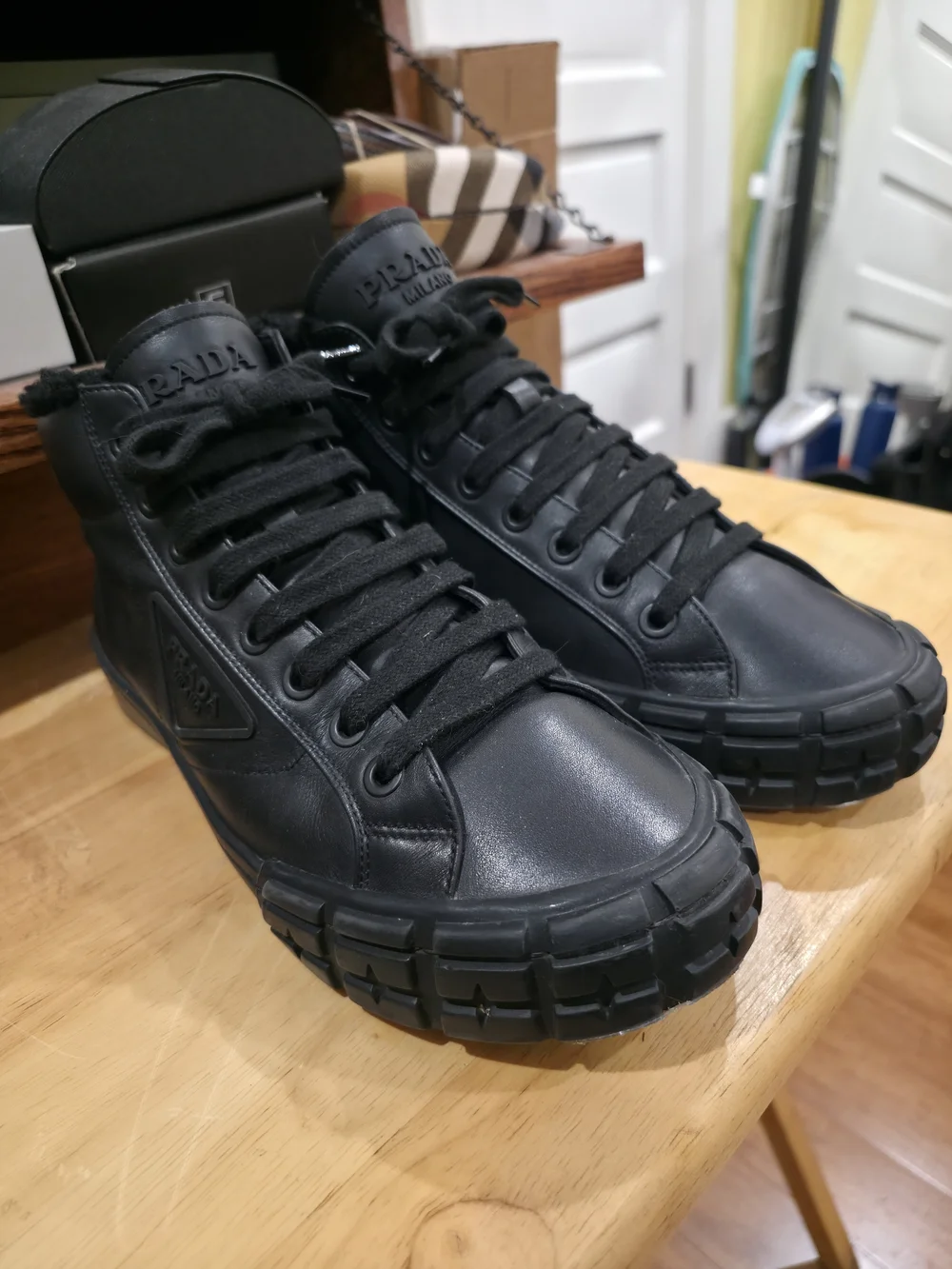 Prada Black Leather High-Top Sneakers with Rugged Sole - Picture 4 of 8